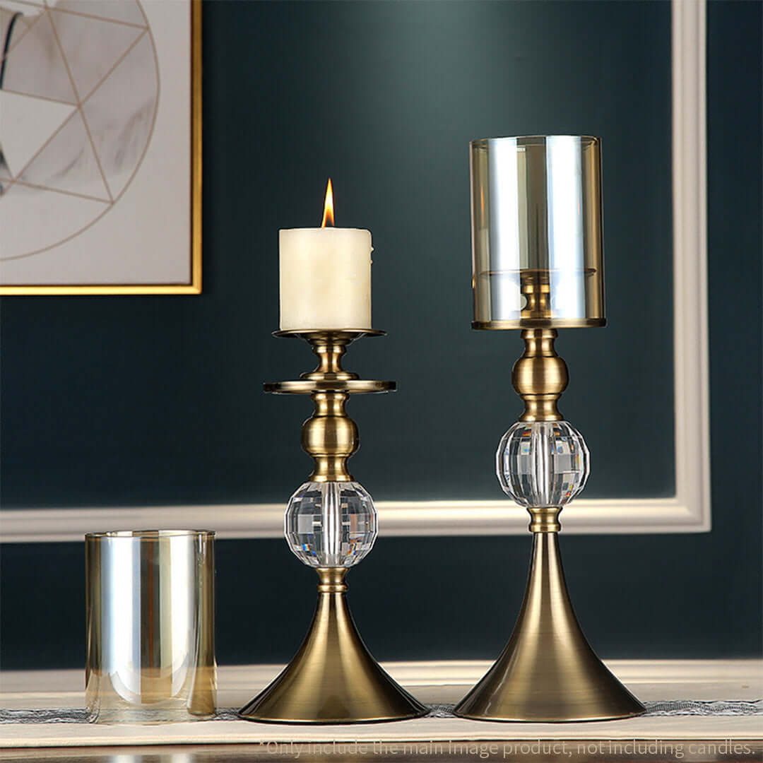 Elegant and affordable brass and crystal candle holders, perfect homewares for adding quality value furniture to your decor