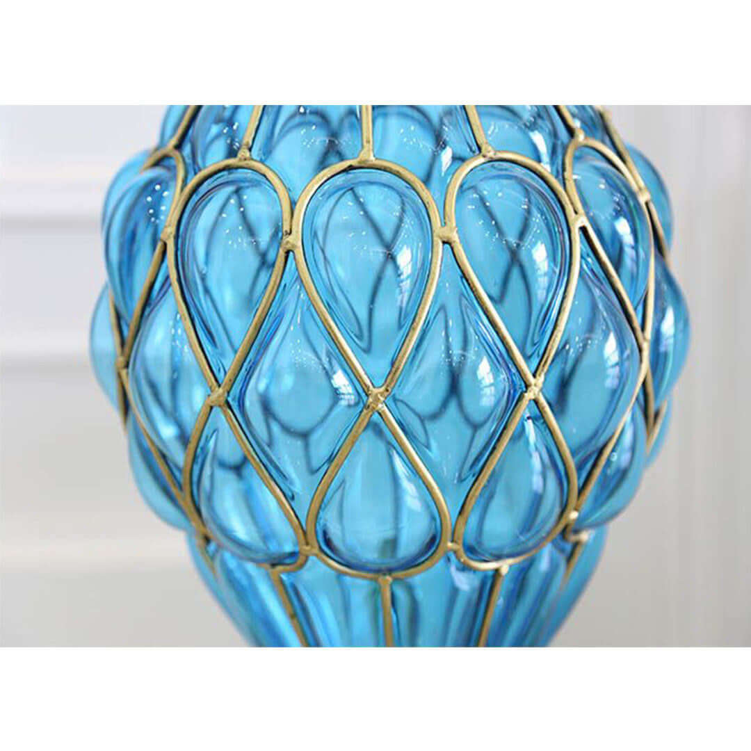 Blue glass decorative lamp with gold accents, affordable homewares, quality value furniture piece.