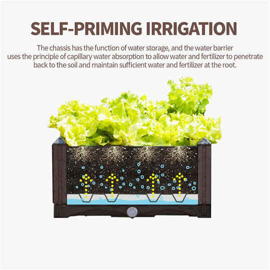 Self-priming irrigation system for home gardening, showcasing water and fertilizer storage benefits for healthier plant growth.