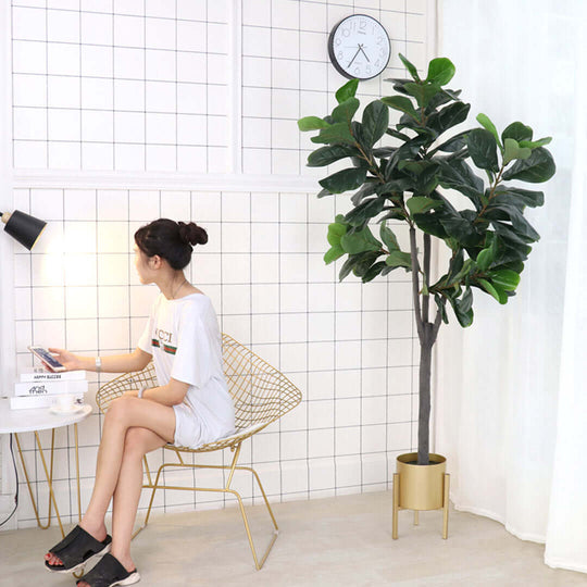 Modern home interior with quality furniture including affordable homewares, a woman sitting on a wire chair, and a potted plant