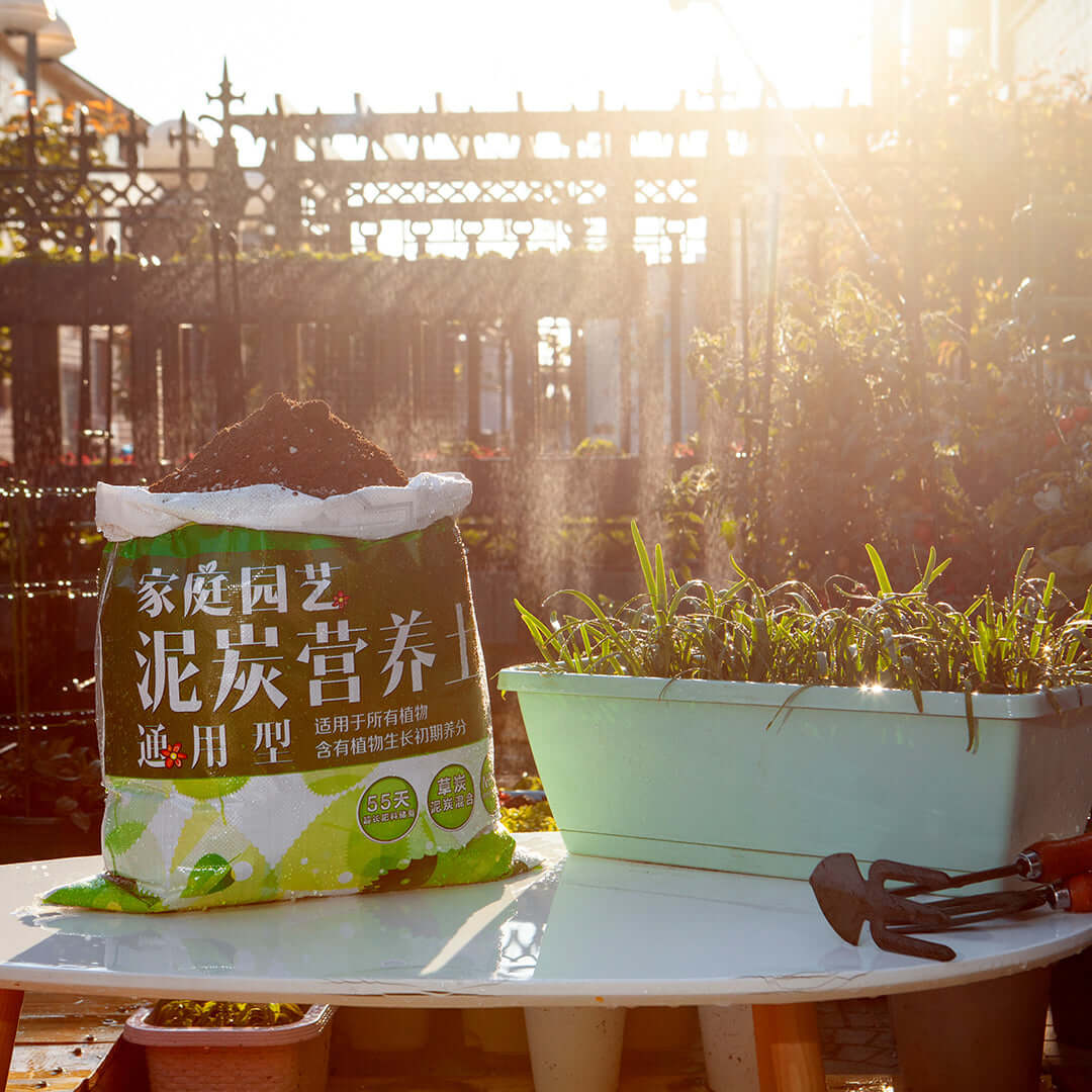 Gardening supplies on a table in sunlight with a bag of soil and a planter box with growing plants.