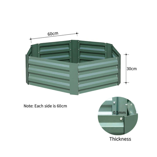 Affordable quality hexagon planter box with 60cm sides and 30cm height, ideal for home gardens. Durable 0.5mm thickness material.