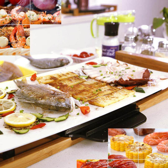 Assorted seafood, meats, and vegetables on a grilling platter in a modern kitchen, promoting affordable quality homewares and value furniture.