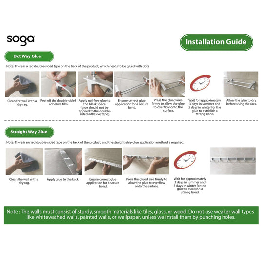 Installation guide for Soga homewares showing step-by-step instructions for dot way glue and straight way glue methods.