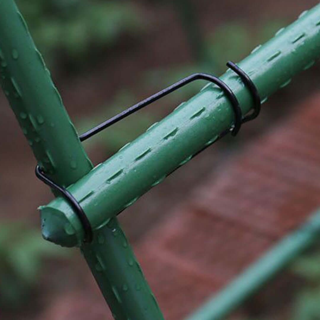 Close-up of a green garden stake with a black metal clip, showcasing quality and affordable homewares for gardening.