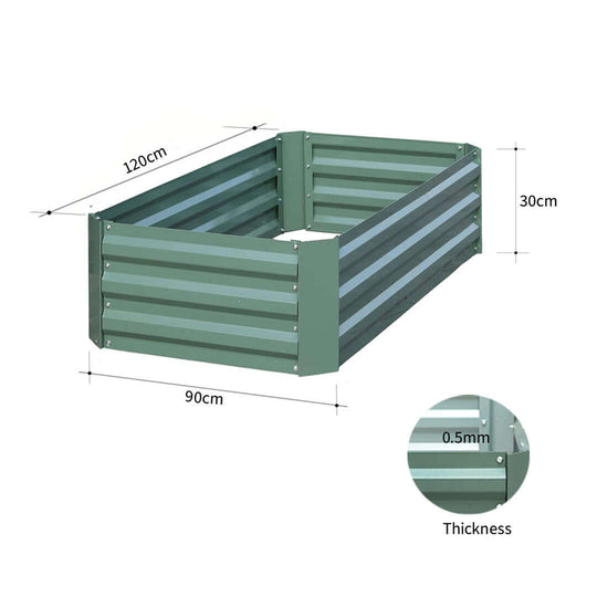 Green rectangular metal plant box with dimensions 120cm by 90cm by 30cm, showcasing 0.5mm thickness. Ideal for affordable, quality homewares.