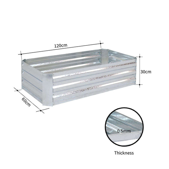 Metal raised garden bed measuring 120cm x 60cm x 30cm with 0.5mm thickness, ideal for affordable homewares and quality value furniture.