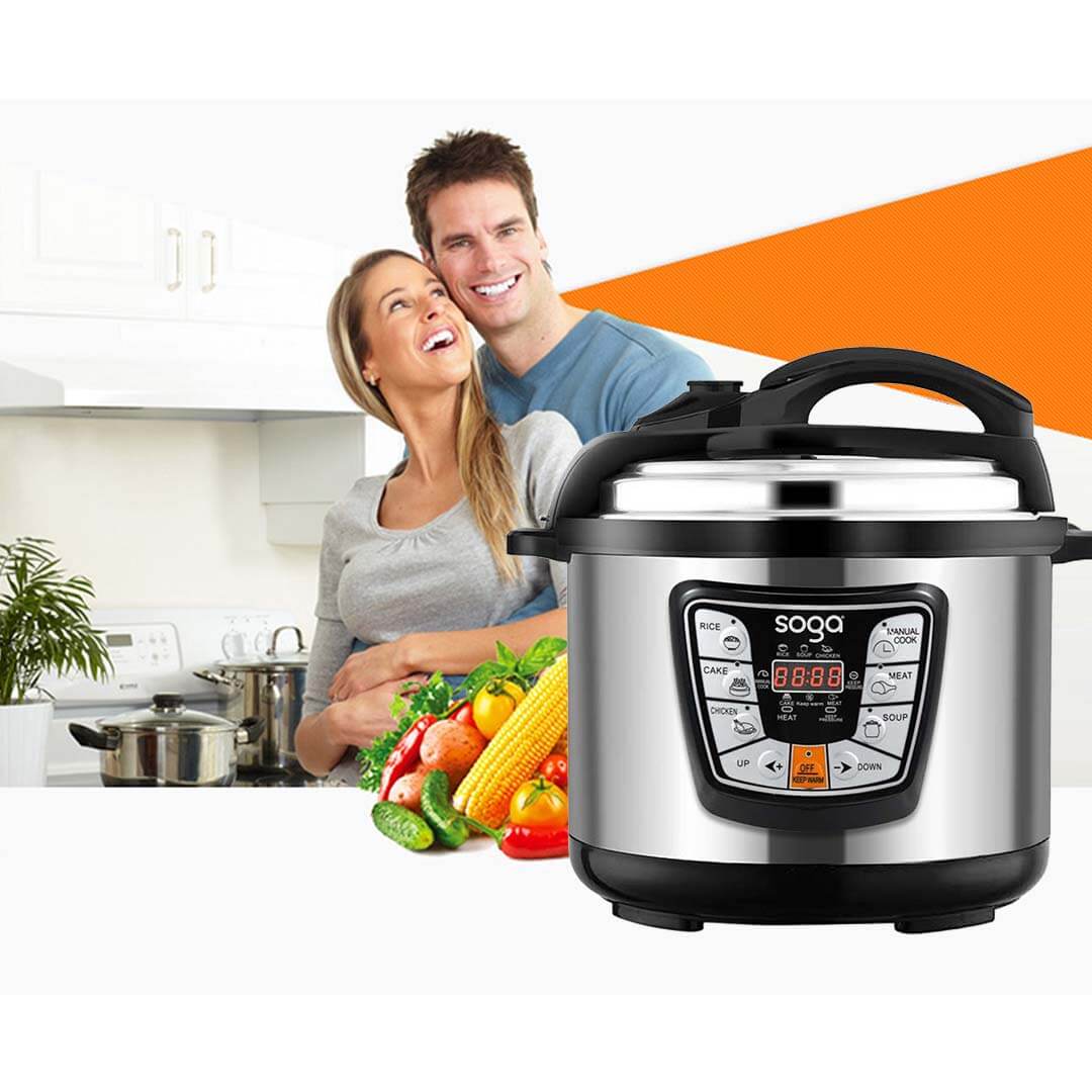 Couple in kitchen with Soga electric pressure cooker and fresh vegetables, depicting affordable, quality homewares and value in furniture.