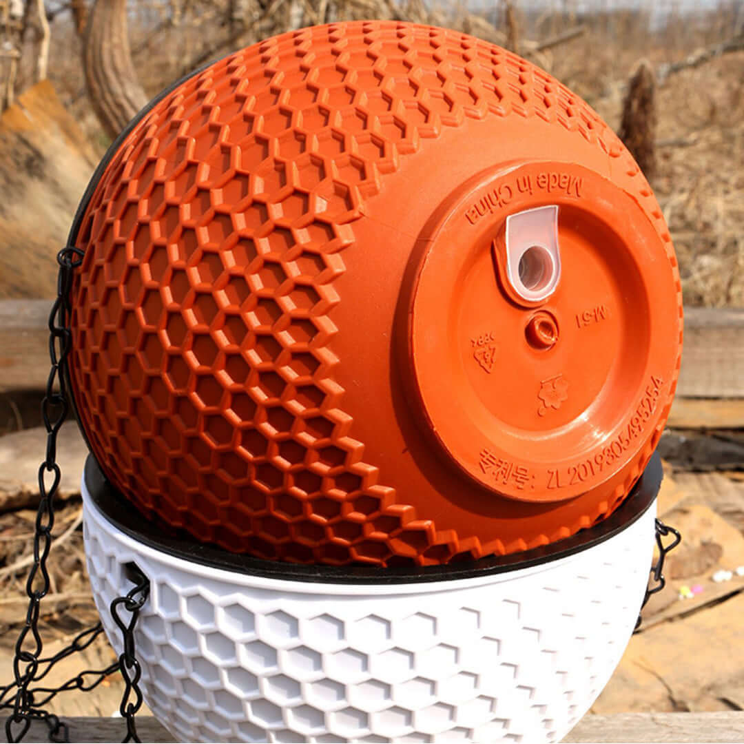 Vibrant orange and white textured hanging planter bowls adding affordable, quality homewares and value furniture to outdoor decor.