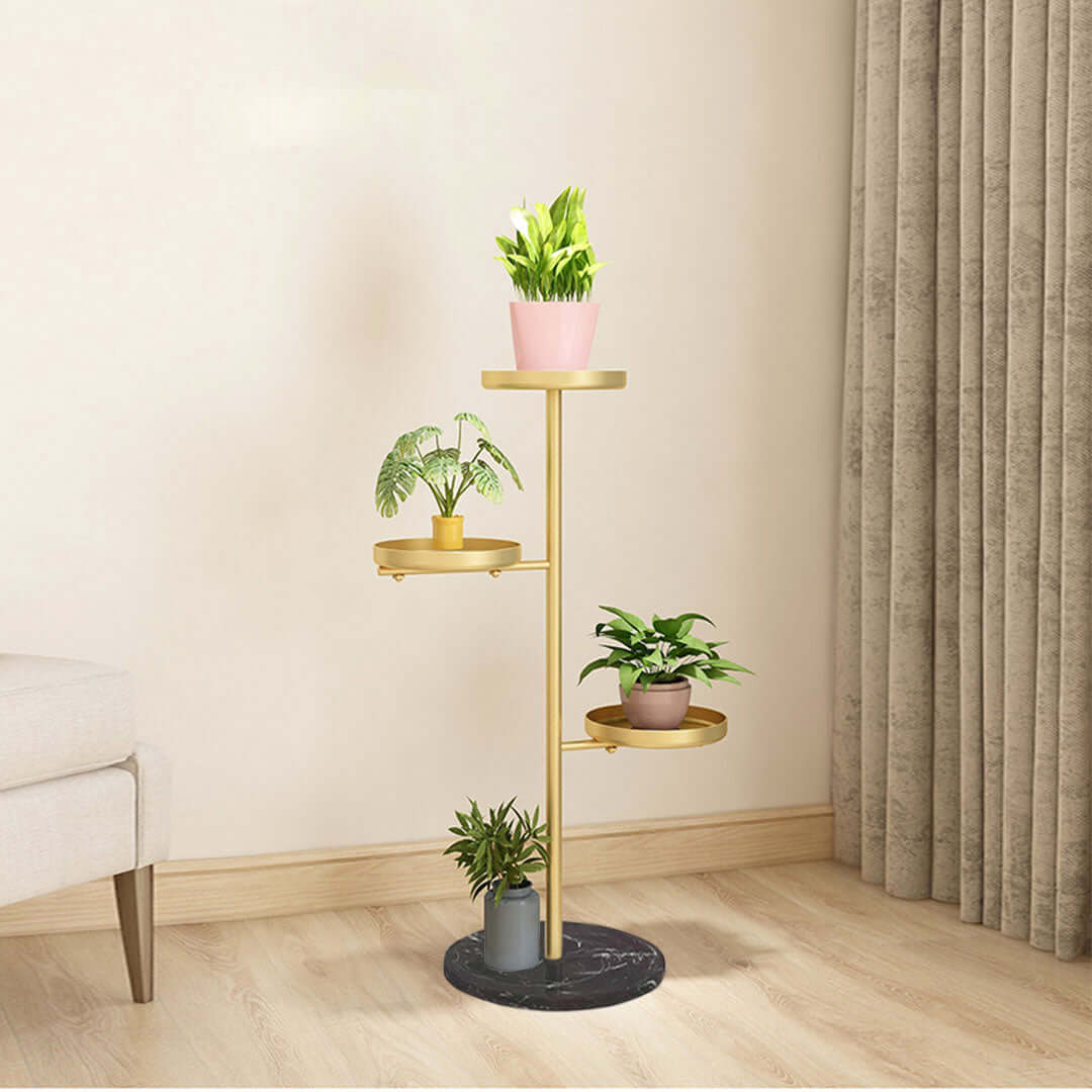 Stylish plant stand with three levels, showcasing potted plants in a modern living room, highlighting quality and affordable homewares.