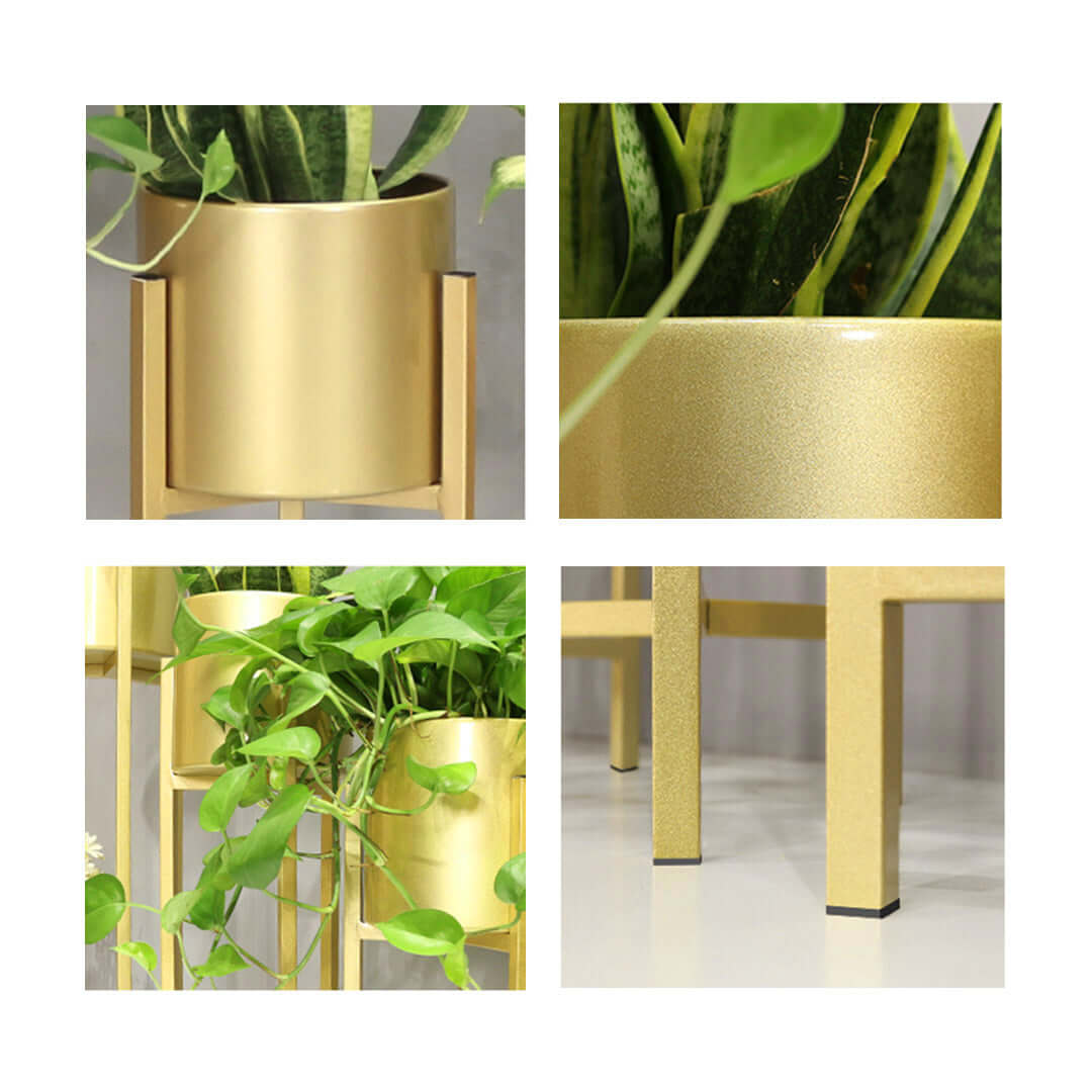 Stylish gold plant stands showcasing lush indoor greenery - affordable quality homewares and value furniture.