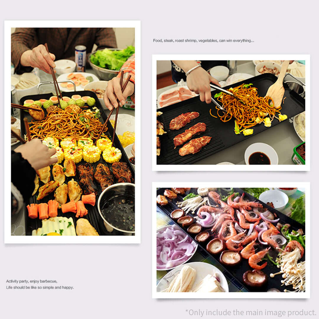 People enjoying a meal with various grilled food items, including shrimp, meat, vegetables, and noodles at a home barbecue gathering