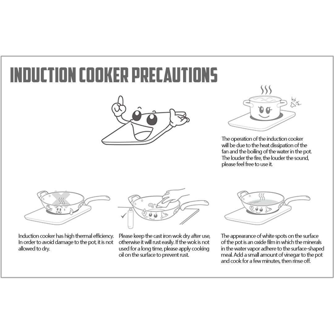 Induction cooker precautions guide with illustrations explaining the high thermal efficiency, cleaning tips, and water spot prevention.