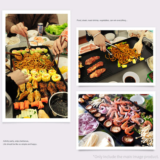 Group of people enjoying a variety of grilled meats, vegetables, and seafood at a barbecue gathering.