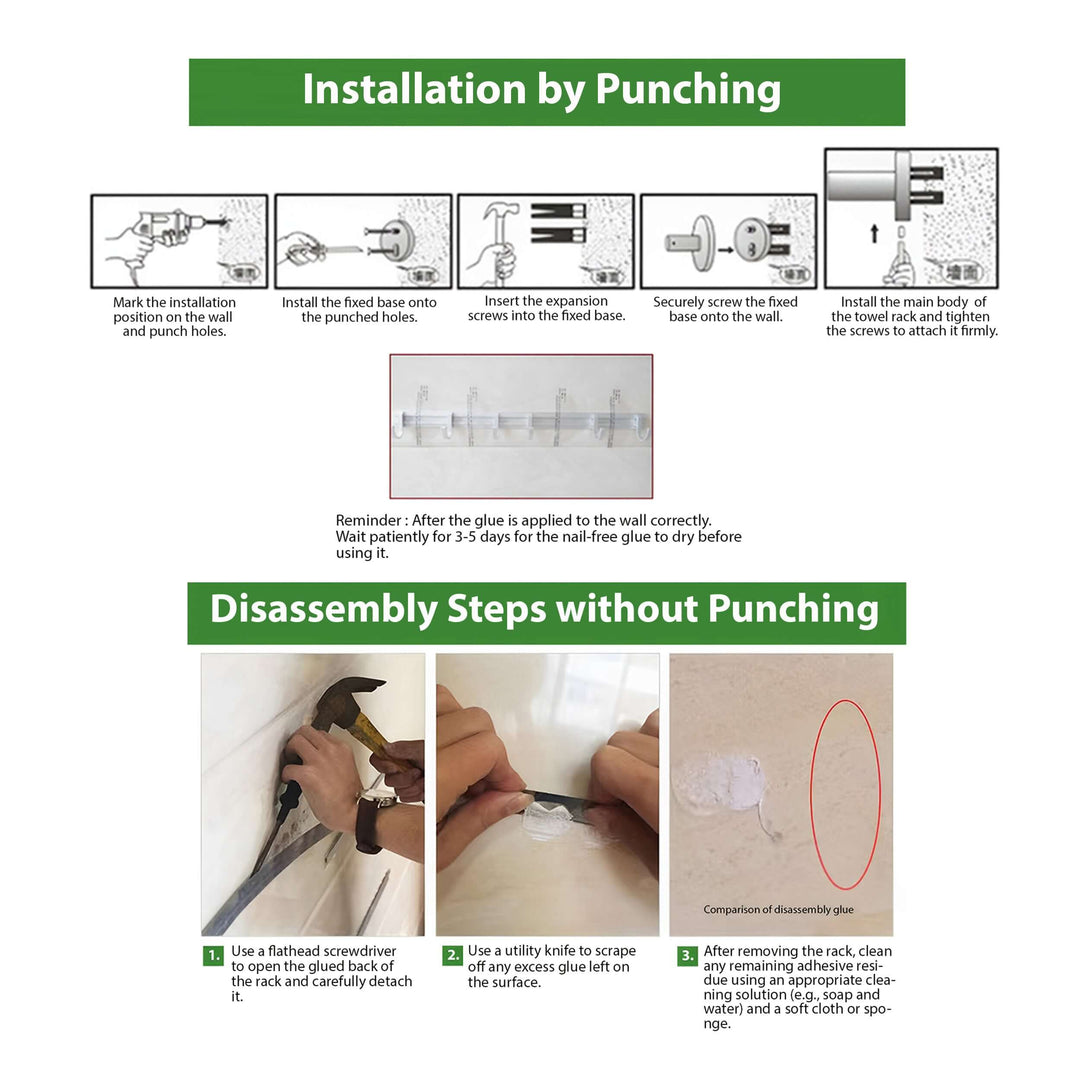 Instructions for wall rack installation by punching and disassembly without punching, demonstrating step-by-step processes for both methods.