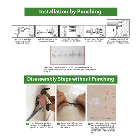 Instructions for wall rack installation by punching and disassembly without punching, demonstrating step-by-step processes for both methods.