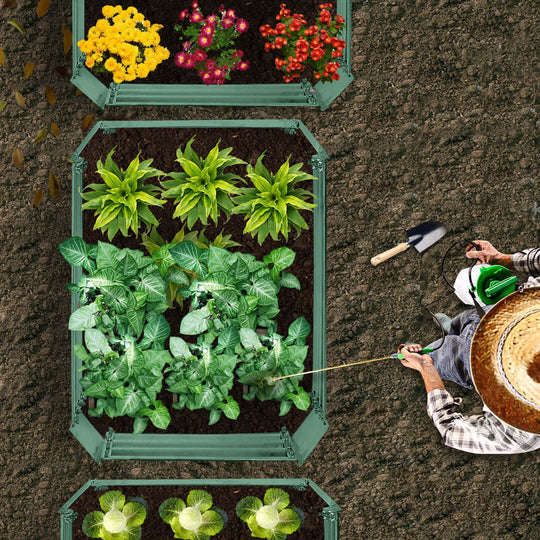 Gardener watering plants in neatly arranged raised garden beds with various vegetables and flowers.