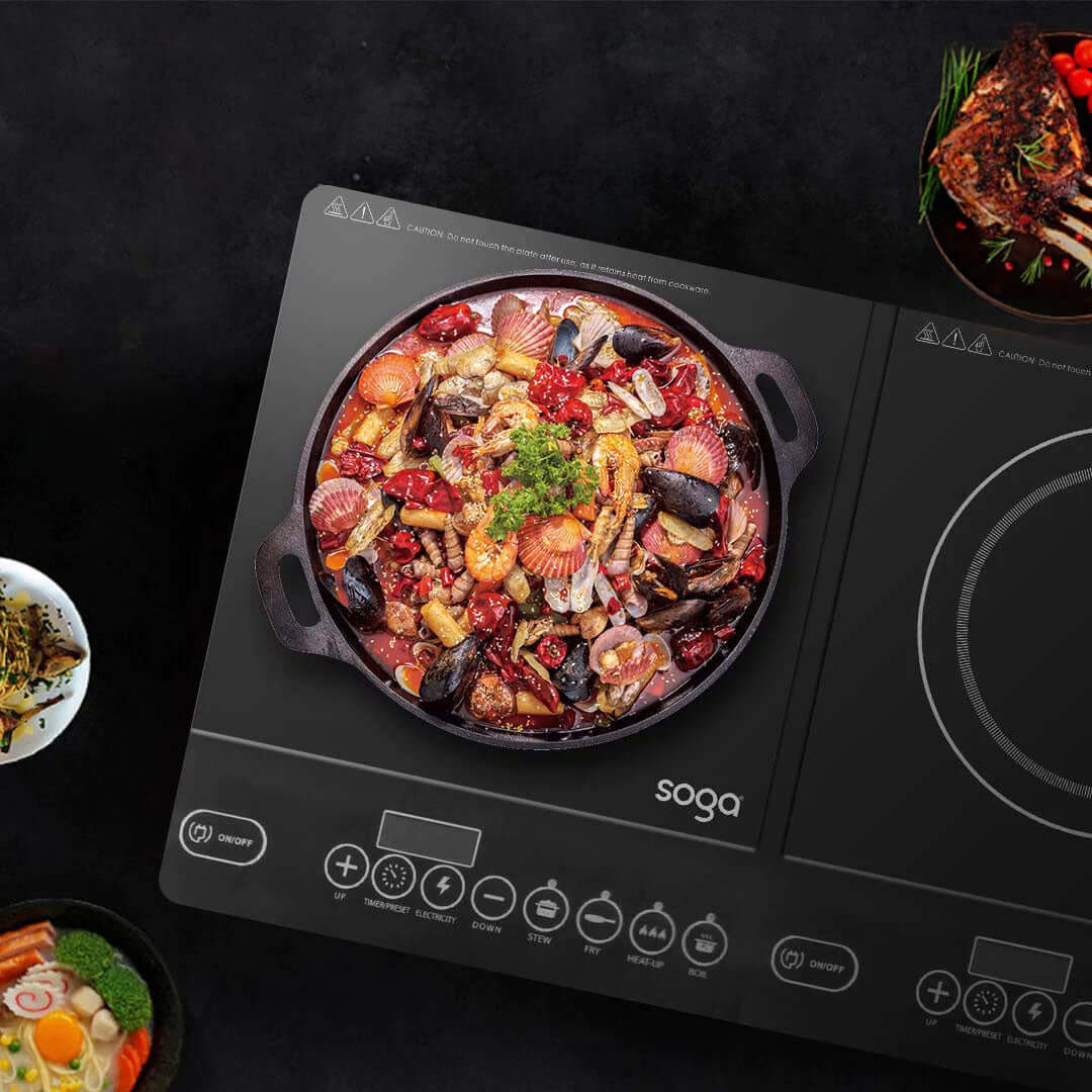 Soga induction cooktop with a pot of mixed seafood and vegetables, illustrating affordable and quality homewares for value furniture.