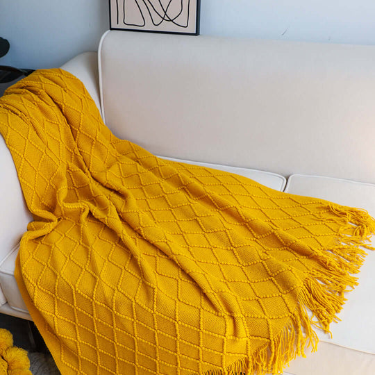 Cozy yellow throw blanket on white sofa - affordable homewares, quality value furniture for your home.