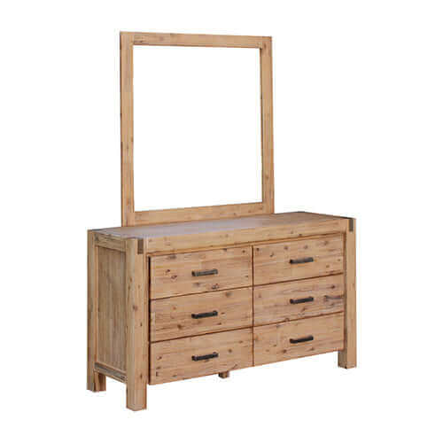 Solid Acacia Timber Dresser with Mirror in Oak Finish, Six Drawers, Minimal Design