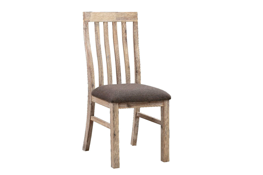 Vintage look dining chair with wooden frame and padded seat, made from solid and veneered acacia in oak colour.