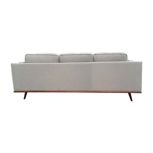 Back view of a modern beige 3 seater sofa with wooden frame, featuring plush cushions for comfort and style.