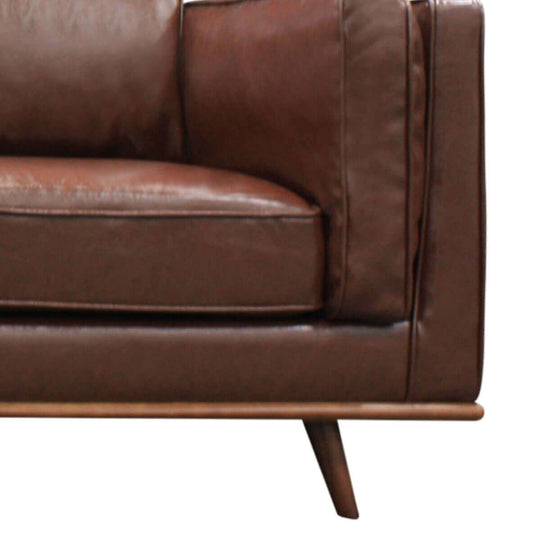 2 seater brown faux leather sofa with modern wooden frame and comfy double layered cushions for living room