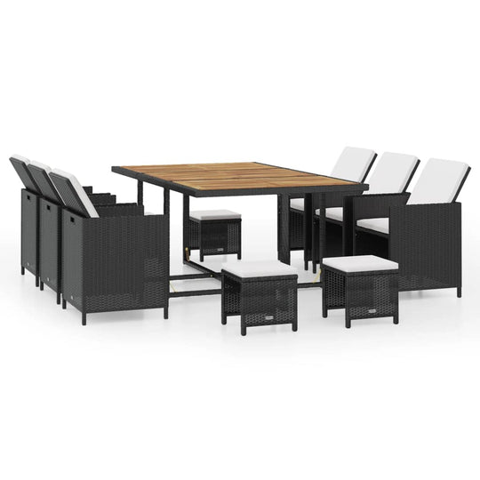 11 Piece Outdoor Dining Set Poly Rattan and Acacia Wood Black