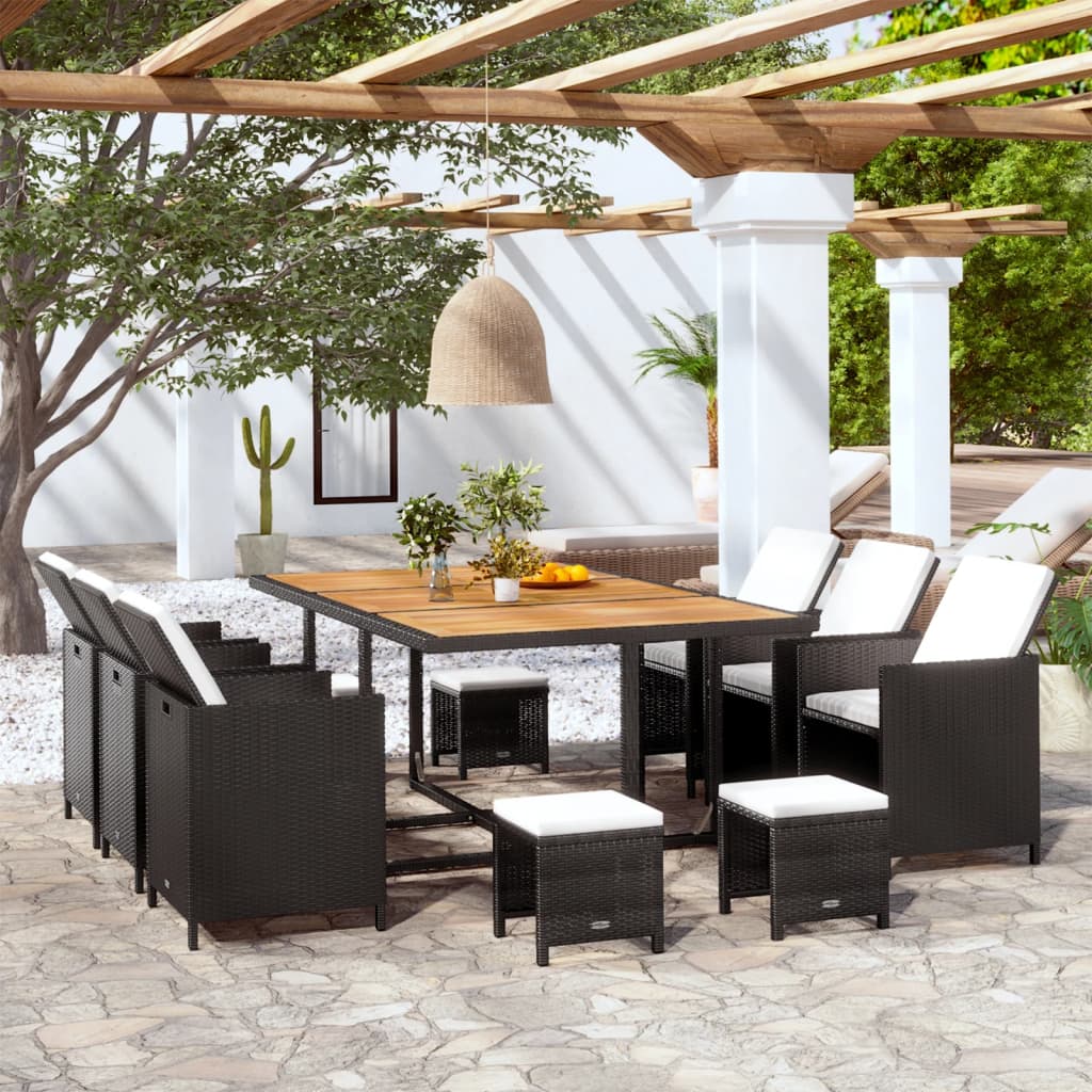 11 Piece Outdoor Dining Set with Cushions Poly Rattan Black