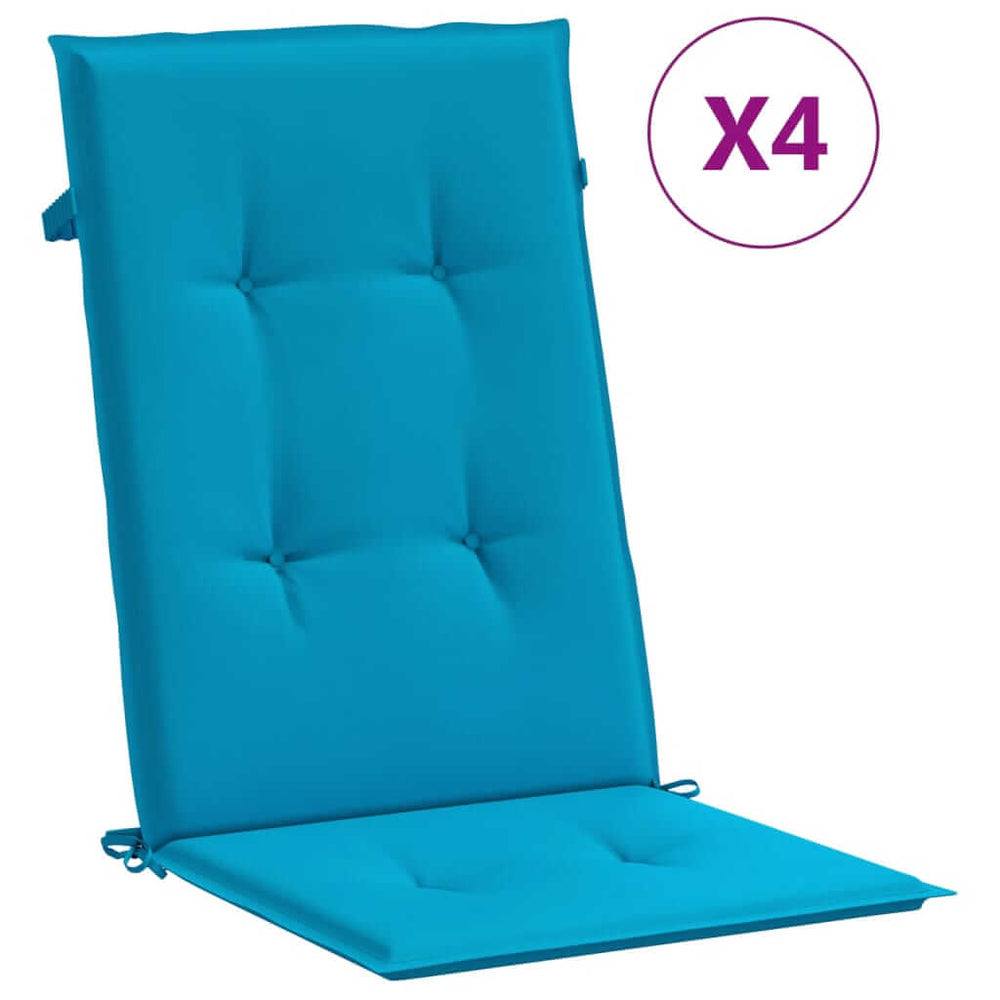 Garden highback chair cushions set of 4 in blue fabric, durable polyester, affordable quality, size 120x50x3 cm.