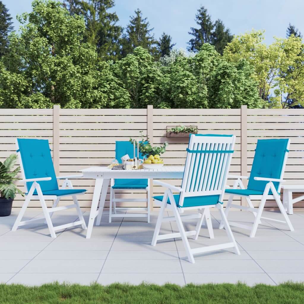 Outdoor patio set with blue garden highback chair cushions 120x50x3 cm, white chairs, and a table in a modern backyard setting.