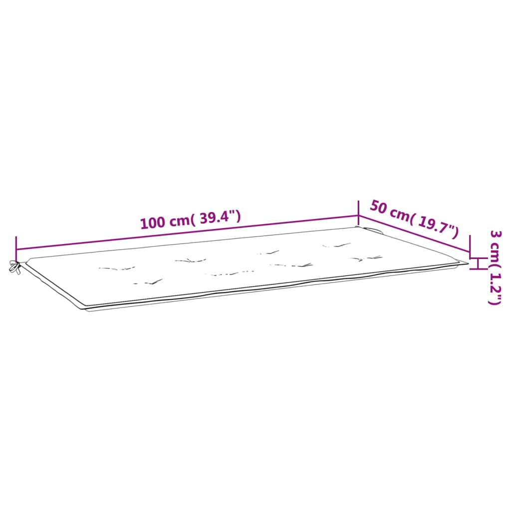 Diagram of cream garden bench cushion, 100x50x3 cm dimensions, showcasing affordable quality in durable Oxford fabric.