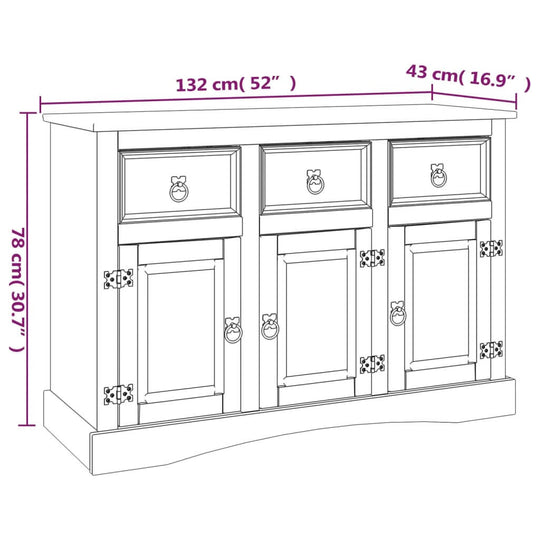 Sideboard Solid Mexican Pinewood Corona Range 132X43X78 Cm