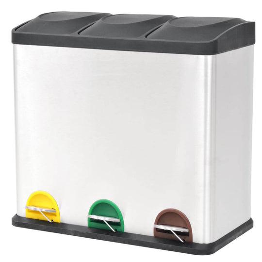 Affordable stainless steel pedal bin with three compartments and color-coded pedals for easy waste sorting, 54L capacity.