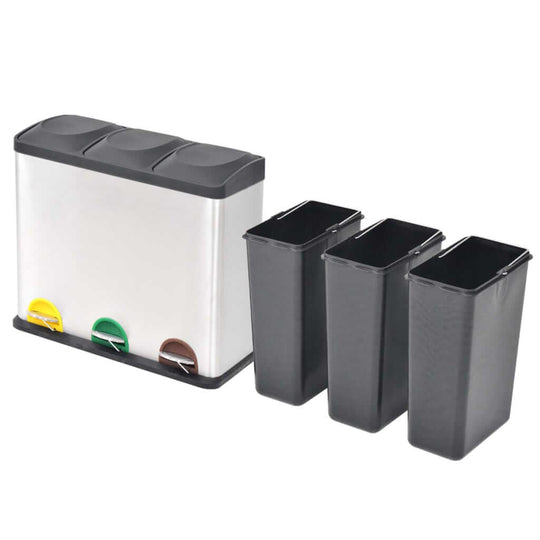 Affordable 54L stainless steel recycling pedal bin with three removable inner buckets and color-coded pedals for convenient waste sorting.