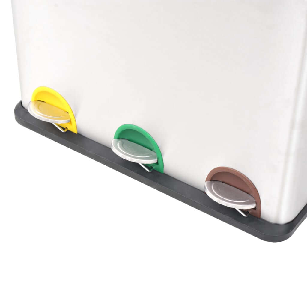 Three color-coded pedals for budget-friendly stainless steel recycling bin with quality design, featuring removable inner buckets.