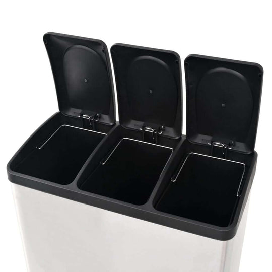 Stainless steel recycling pedal bin with three removable compartments and soft-close lids for budget-friendly waste sorting.