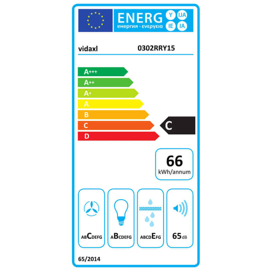 Energy efficiency label for a C-rated appliance with 66 kWh per annum and 65 dB noise level.