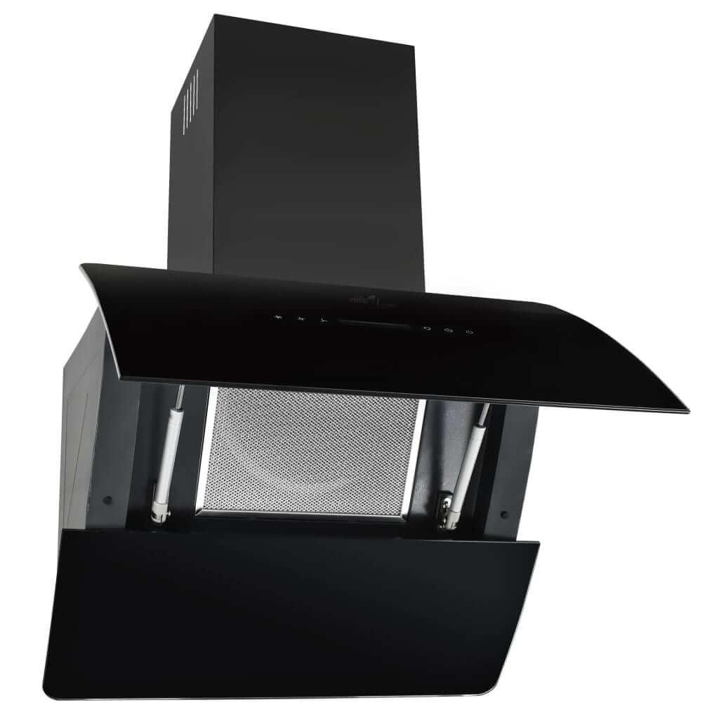 Affordable black stainless steel range hood with tempered glass, 60 cm width, ideal for quality kitchen ventilation.