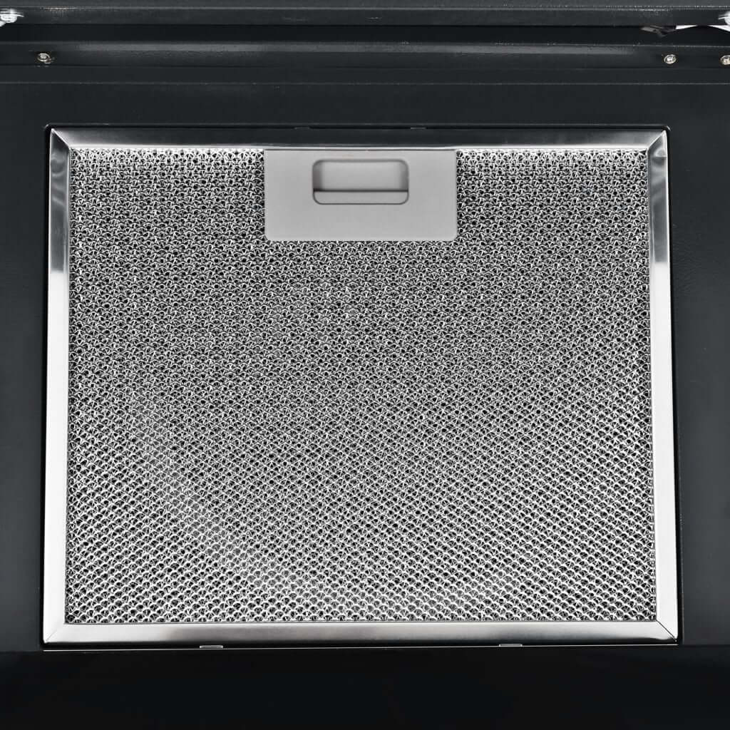 Close-up of aluminum grease filter for wall-mounted range hood with stainless steel frame, budget and quality kitchen solution.