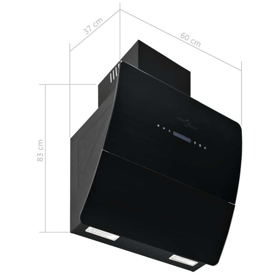 Affordable black wall-mounted range hood, stainless steel design, 60 cm width, 756 m³/h capacity, quality tempered glass panel.