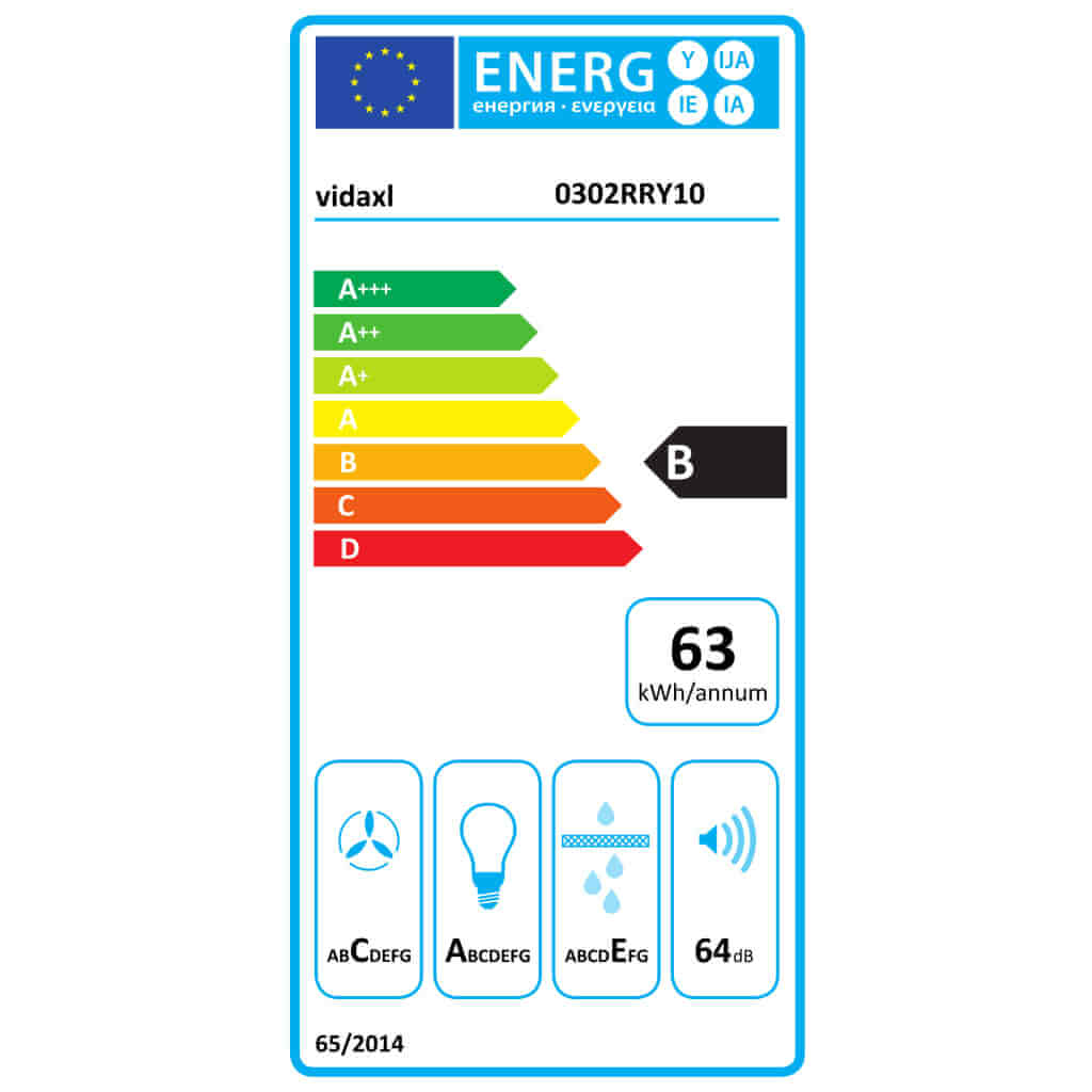 Energy efficiency label for wall-mounted range hood, rated B, 63 kWh/annum, 64 dB noise level, European standard compliance.