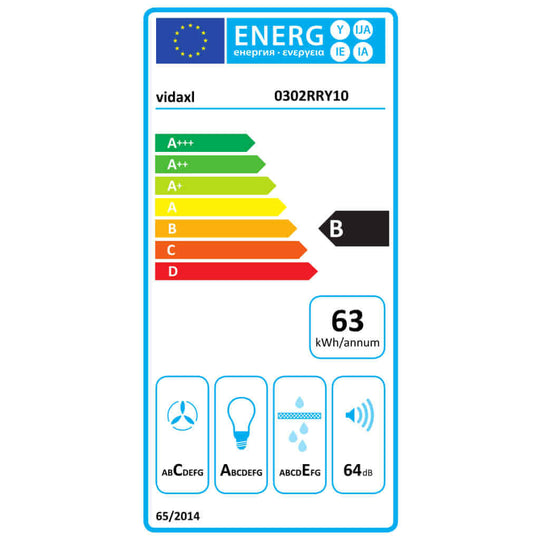 Energy efficiency label for wall-mounted range hood, rated B, 63 kWh/annum, 64 dB noise level, European standard compliance.