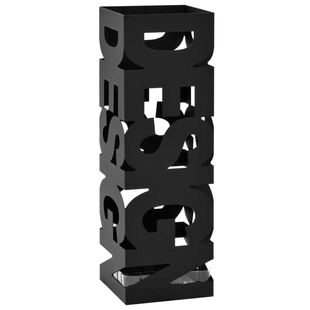 Modern black steel umbrella stand with "Design" cutout, featuring a removable drip tray. Affordable, budget-friendly, and quality product.