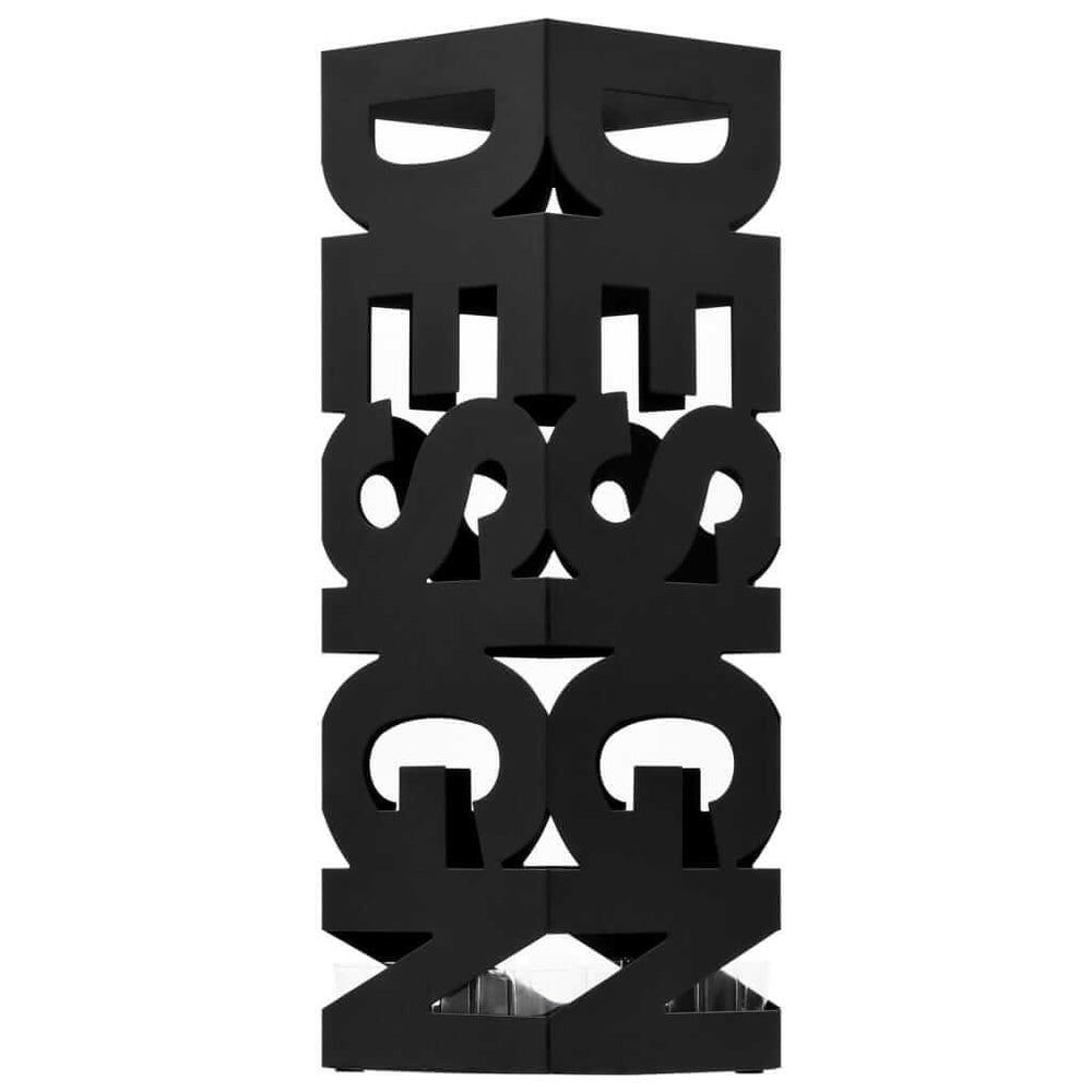 Modern black steel umbrella stand with "DESIGN" cut-out, affordable, durable, and equipped with a removable drip tray for quality use.