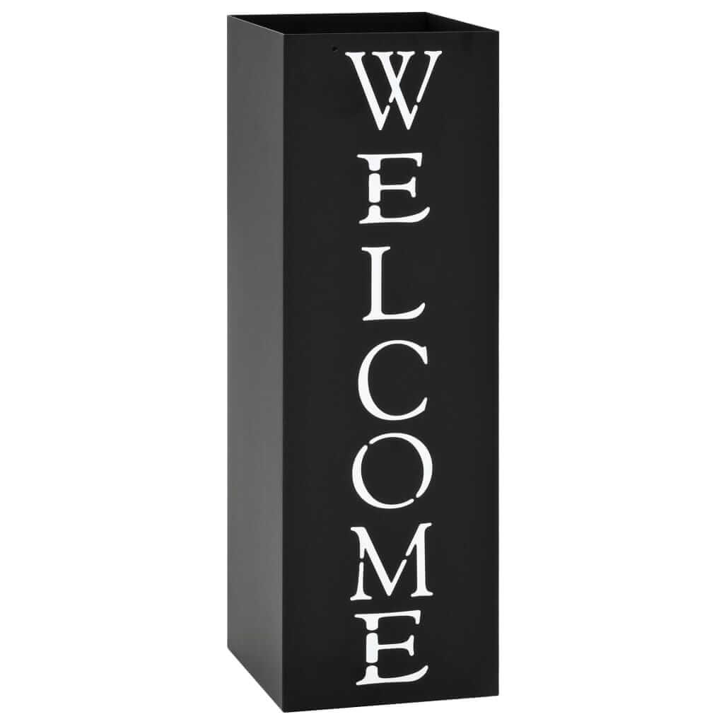 Black steel umbrella stand with "Welcome" text, affordable and quality design, includes removable drip tray for budget-friendly use.