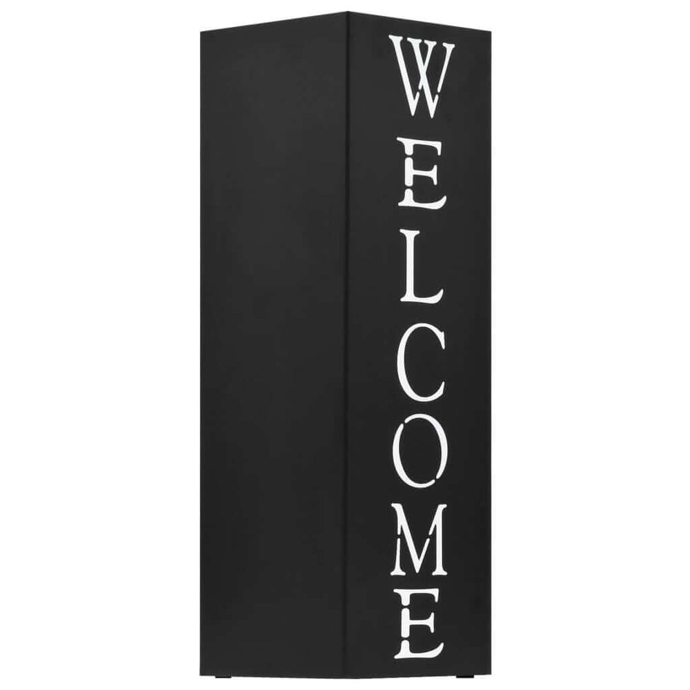 Affordable black steel umbrella stand with "Welcome" text, featuring a removable drip tray, ideal for budget-conscious quality seekers.