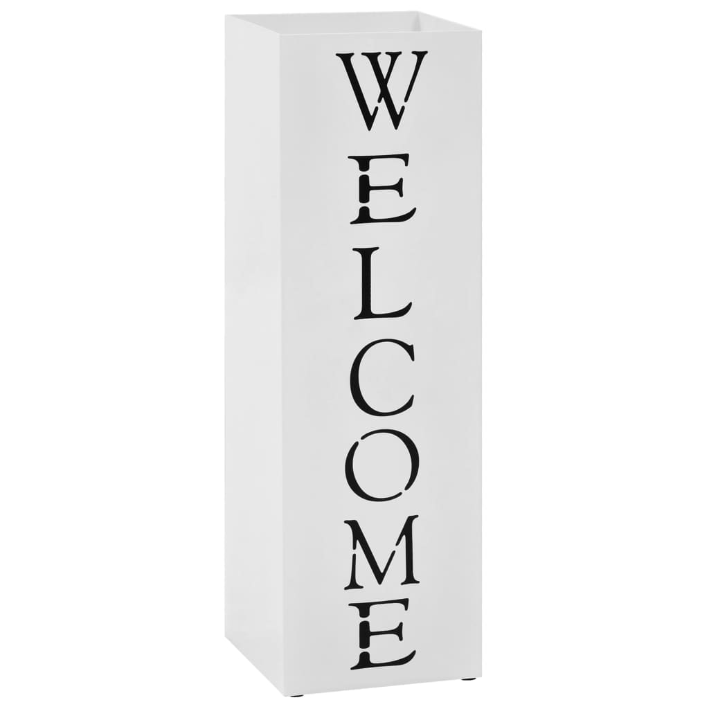 Affordable white welcome umbrella stand made of quality powder-coated steel with removable drip tray, modern and budget-friendly design.