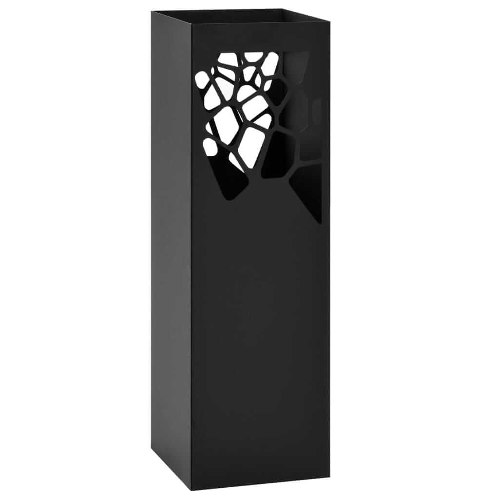 Modern black steel umbrella stand with a stones pattern, featuring a removable drip tray for affordable, quality storage.