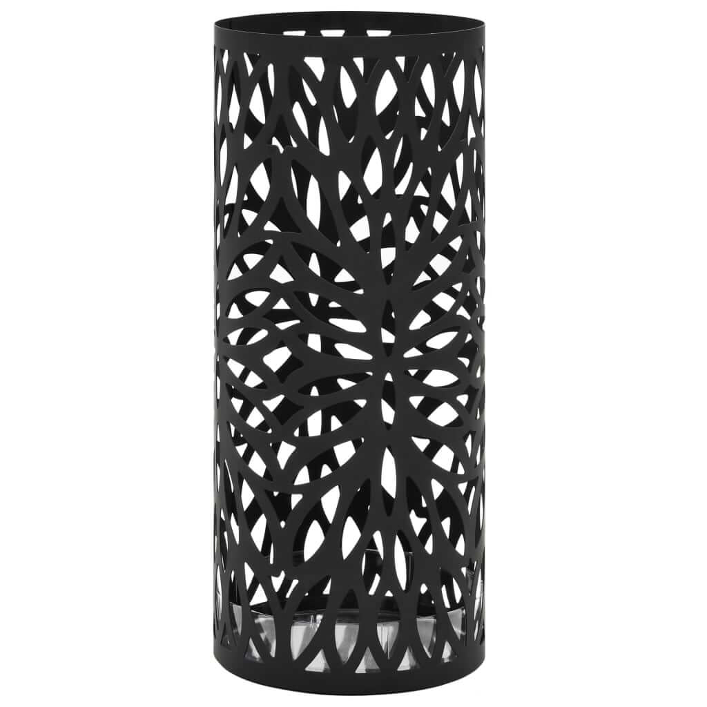 Stylish black steel umbrella stand with leaf design, affordable and quality option for storing umbrellas and walking sticks.